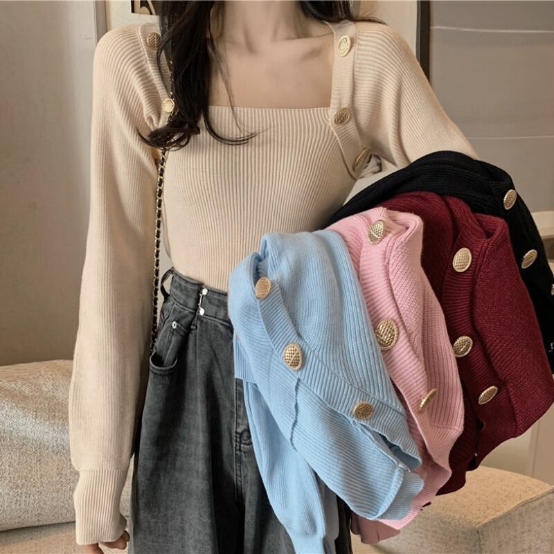 ソリッド カラーシャツ オータムウィンタースタイルニット長袖スリーブトップス ロング 秋物 冬物 ソリッドカラー スクウェア YY-ファッション97959383692