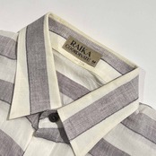 リネン混 RAIKA COORDINATE ライカ ボーダー 半袖シャツ M/グレー×ホワイト メンズ ビンテージ