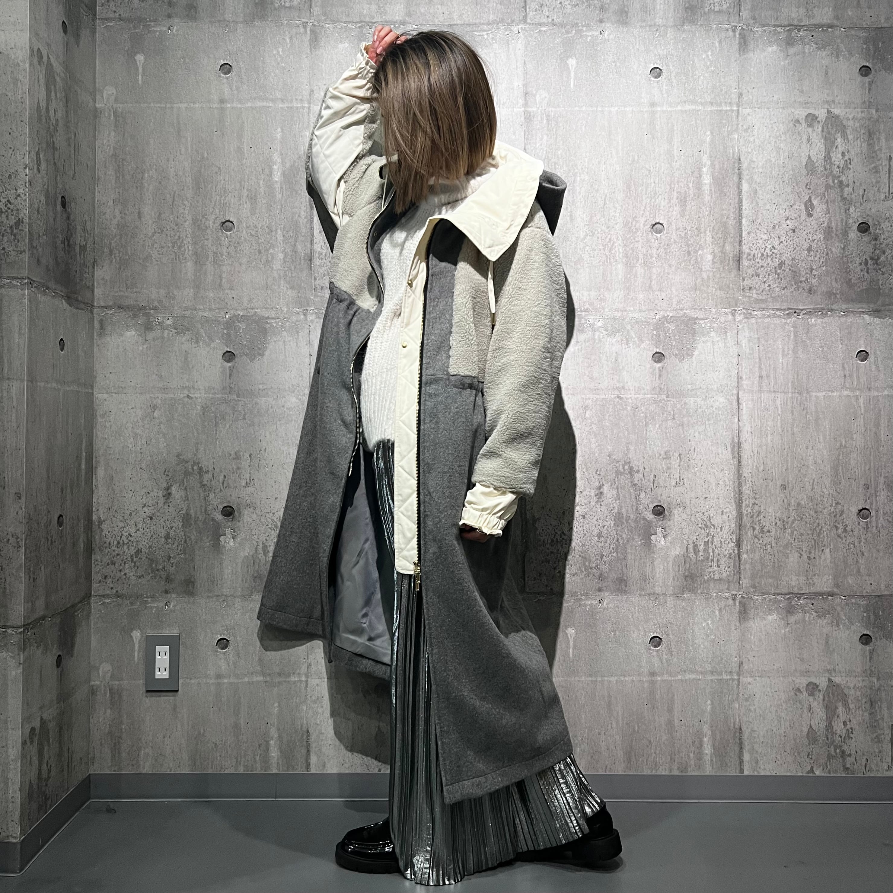 Eimee Law ボアアノラック レイヤードビーバーコート グレー