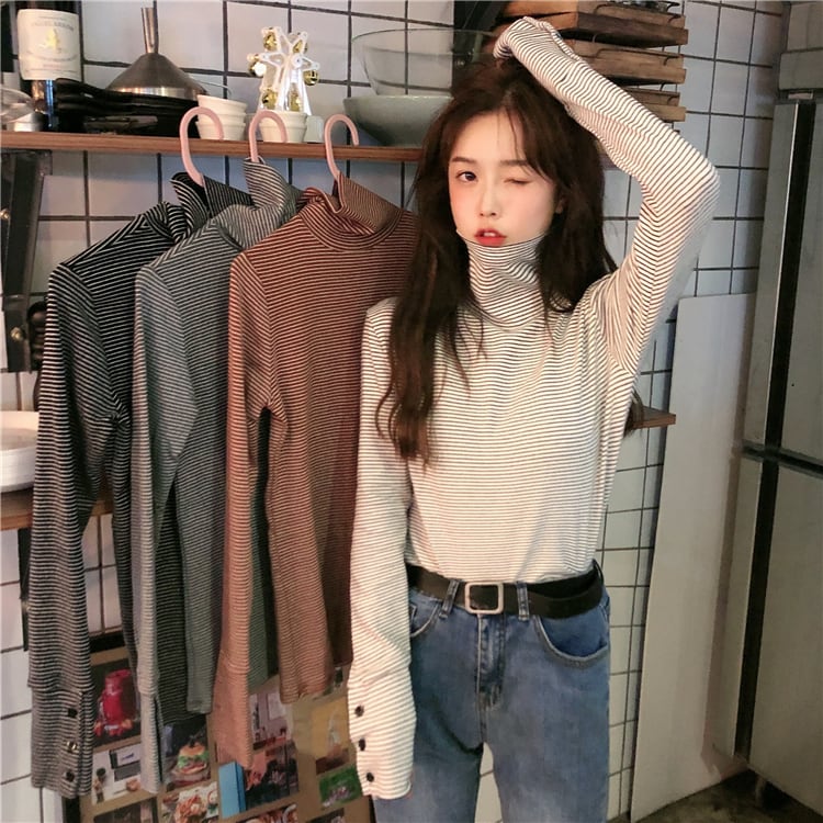 Tシャツ スプリングストライプ長袖スリーブボタントップス ロング 春物 1号婦人53375759180