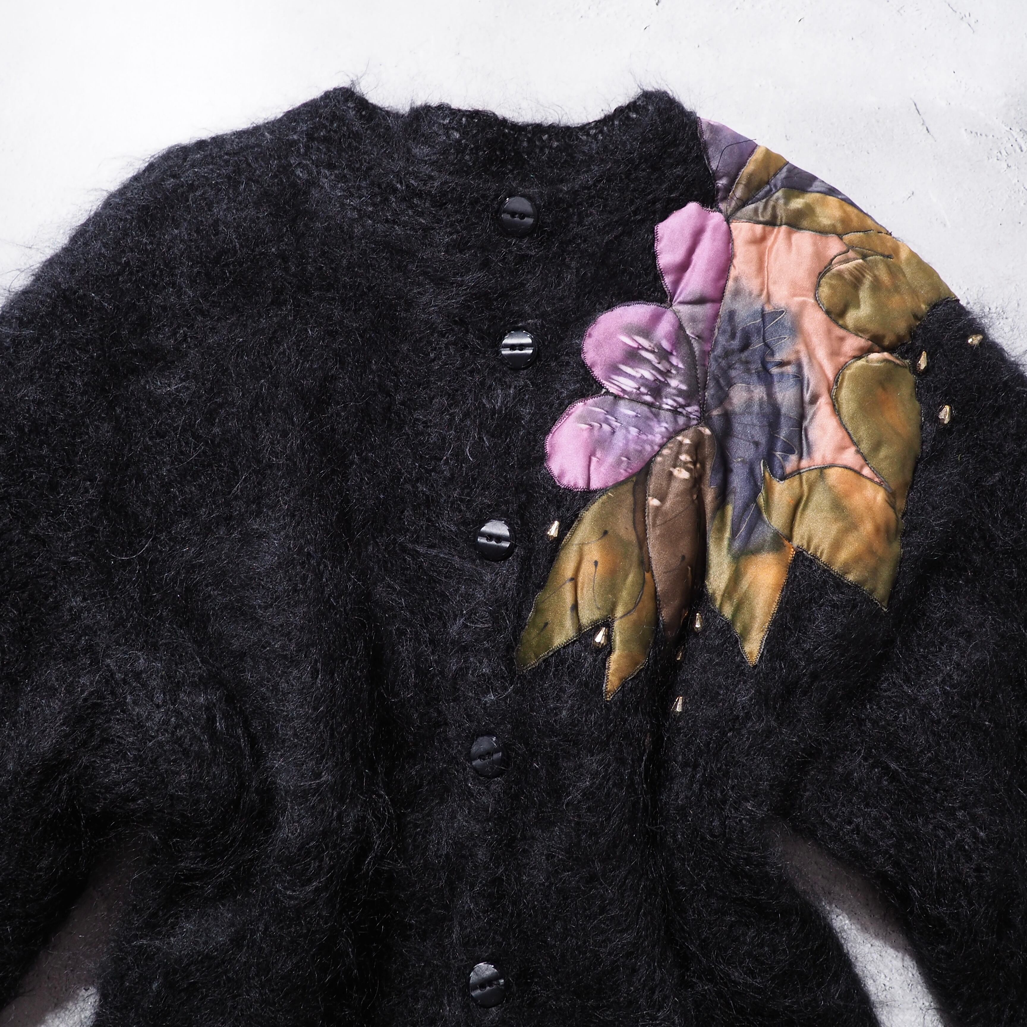Black bewitching flower embroidery vintage mohair wool cardigan
