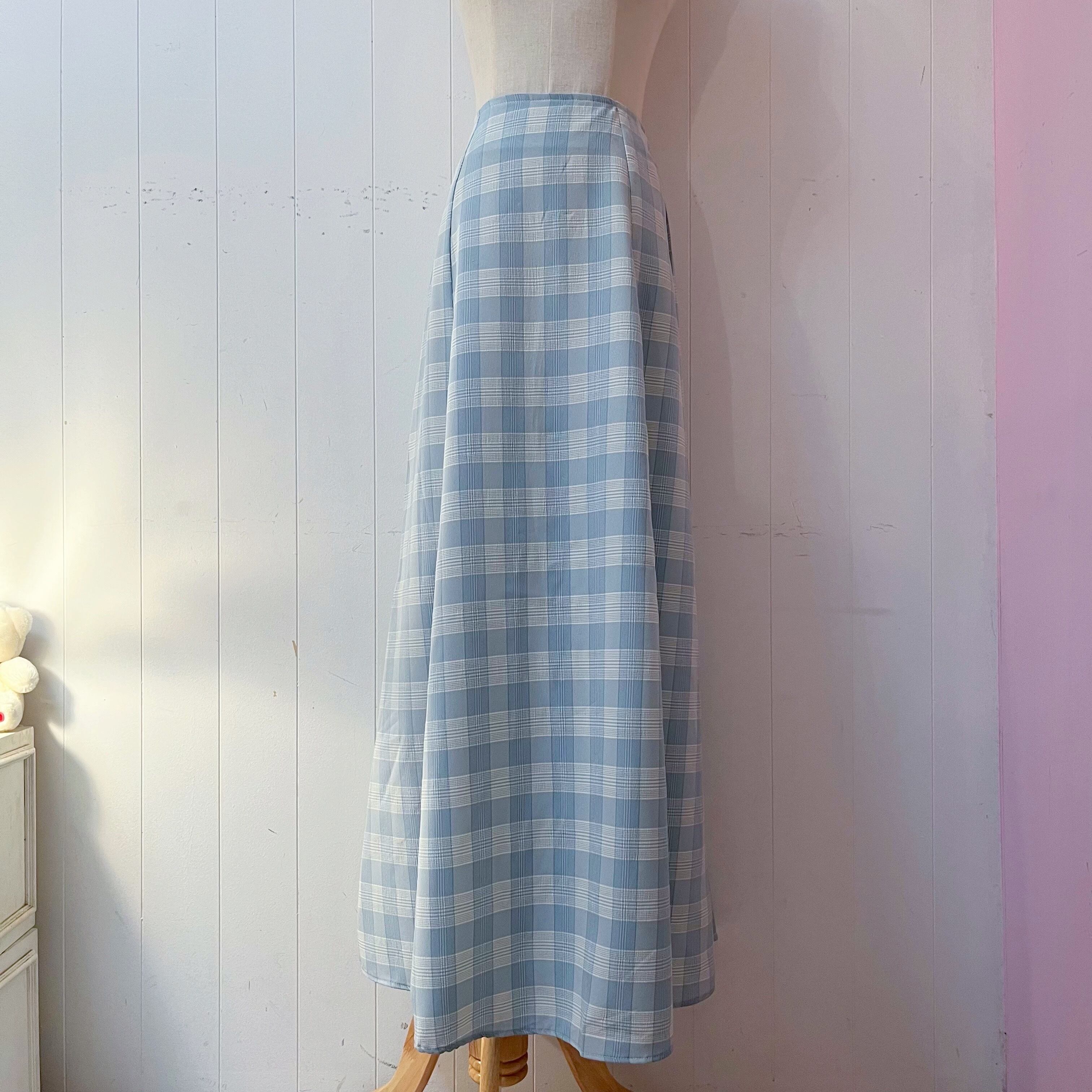 light blue block check skirt