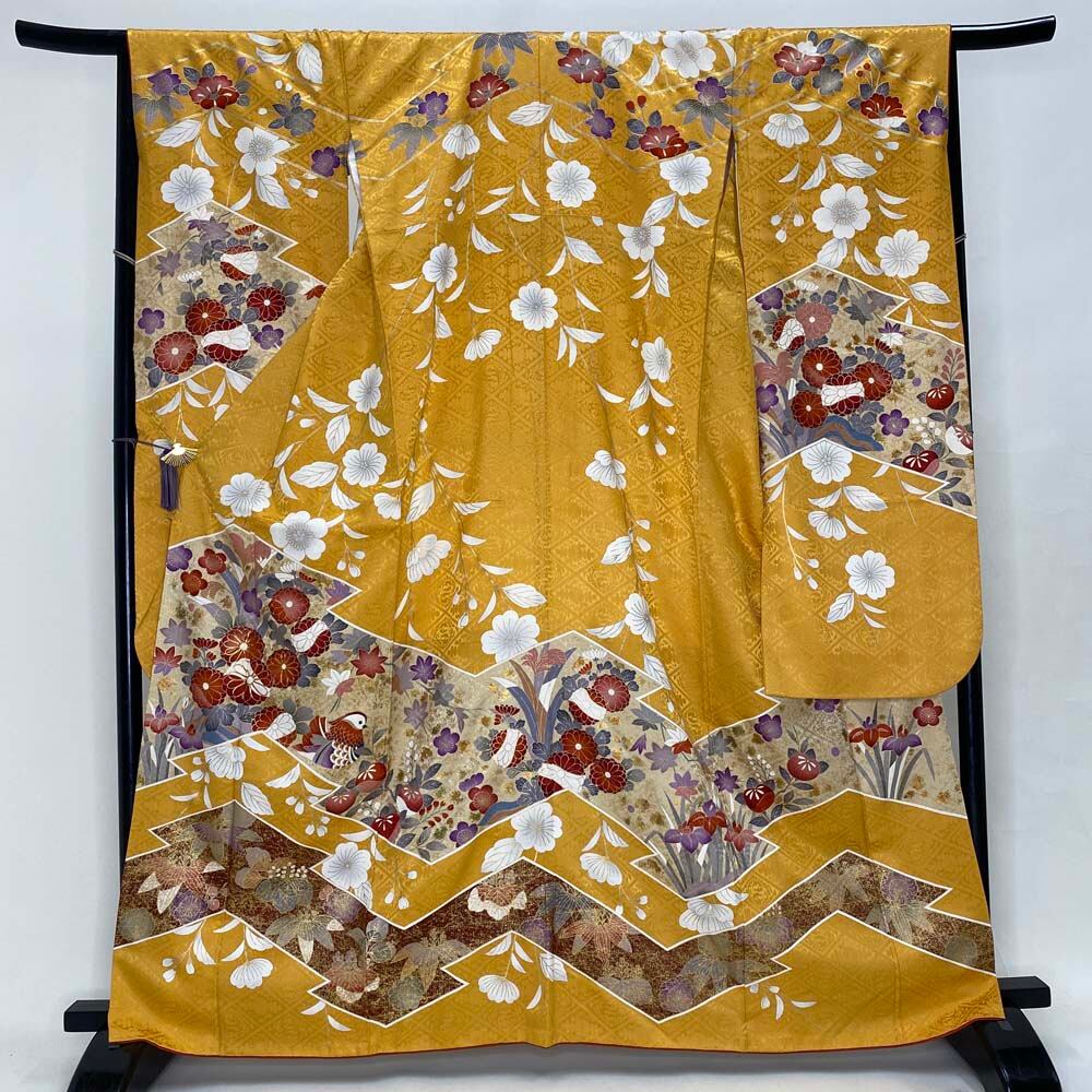 振袖 中古 黄色 正絹 古典 裄66cm 身丈165cm 正絹 美品 Mサイズ 成人式 