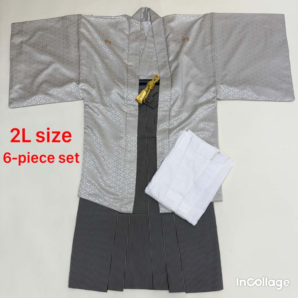 紋付袴 6点セット 着物 羽織 袴 長襦袢 羽織紐 角帯 裄79.5cm 袴丈93cm 2L シルバー 五つ紋 中古 4487