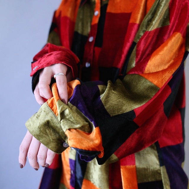 multi color panel art design over silhouette velours shirt