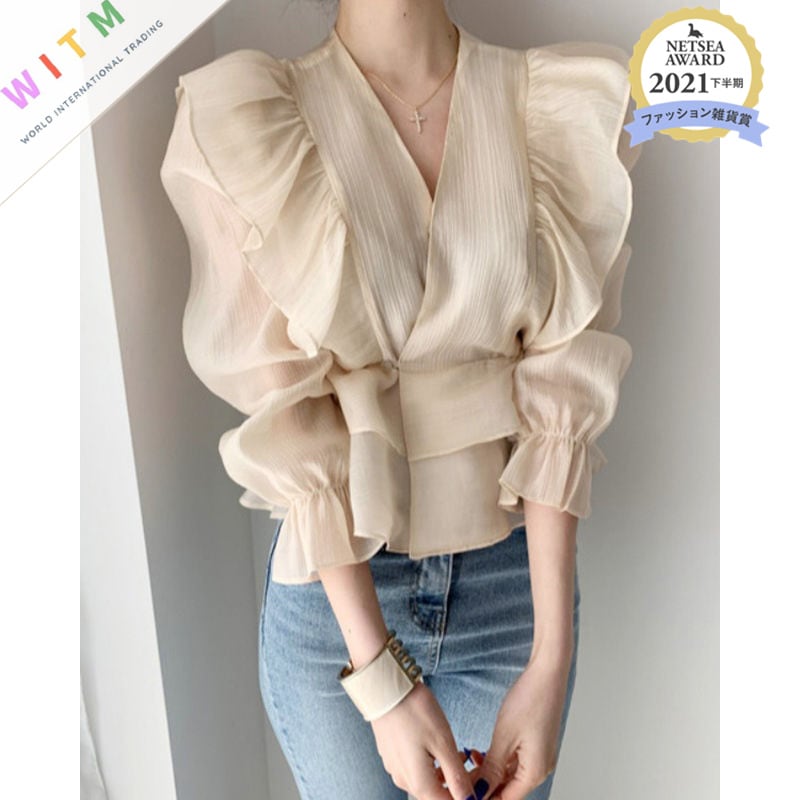 2022春夏新作 フレア シフォンブラウス Vネック レディース 透け感 20代 30代 40代