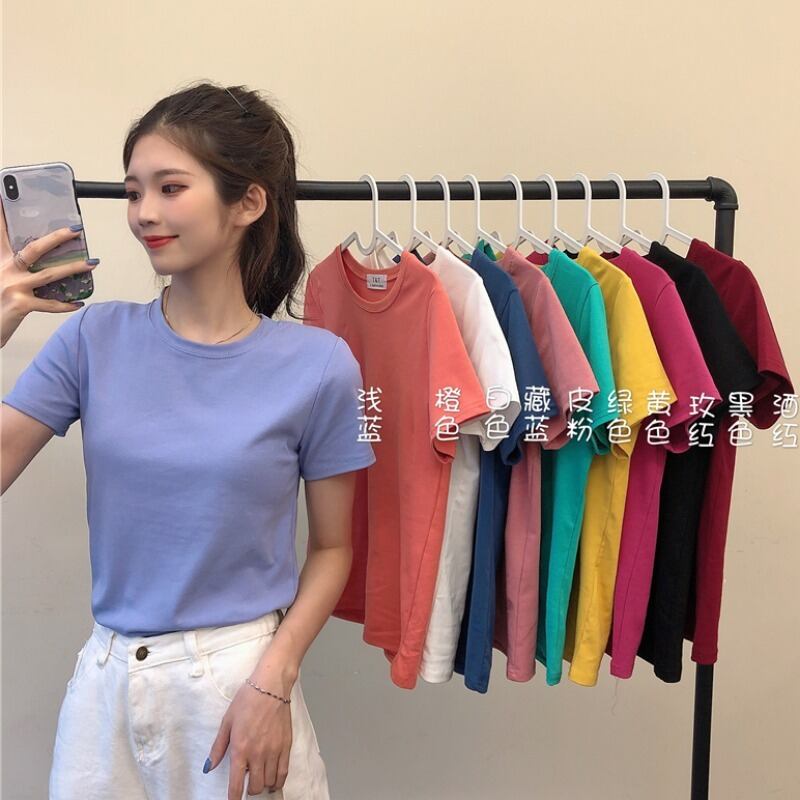 2020年夏のピュアカラーベーシックスタイルオールマッチ優しい風半袖Tシャツトップタイドボトミングシャツの新しい女性バージョン 1号婦人79974181985