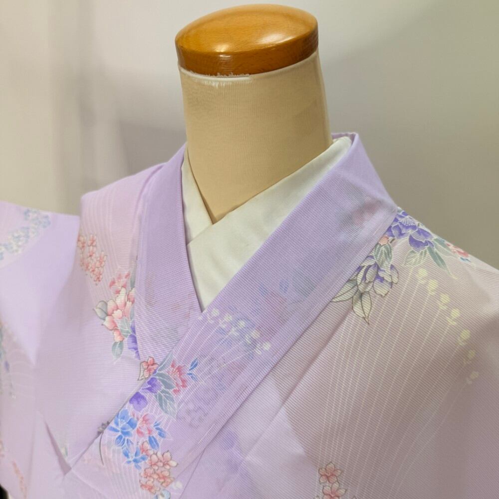 小紋 夏 絽 夏用 洗える着物 裄68.2cm 身丈164.2cm 花柄 お洒落着 普段着 ポリエステル 紫 美品 L サイズ 5923