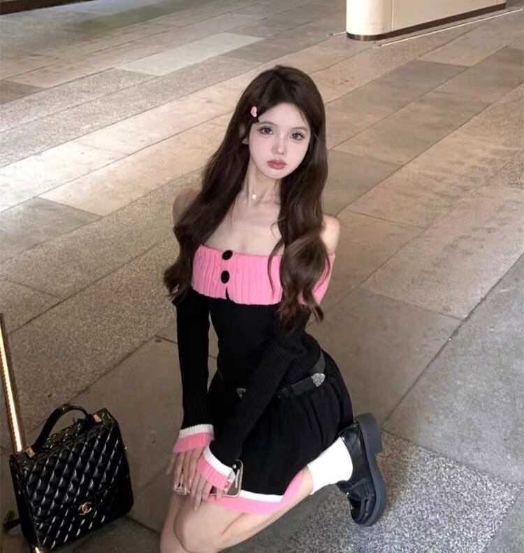 ブラック×ピンク♡ベルト付きオフショルダーニットミニワンピース 