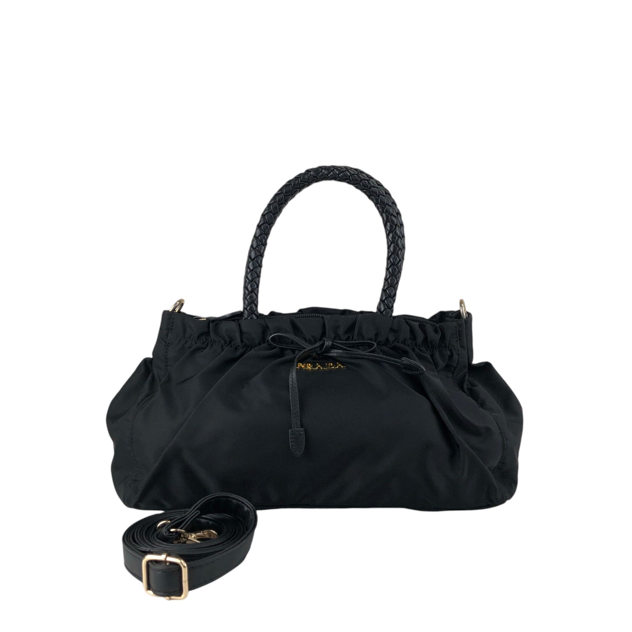 PRADA プラダ ハンドバッグ ブラック リボン ナイロン ギャザー