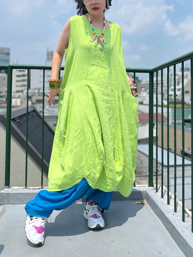 Vintage ITALY Neon lime × linen sleeveless dress