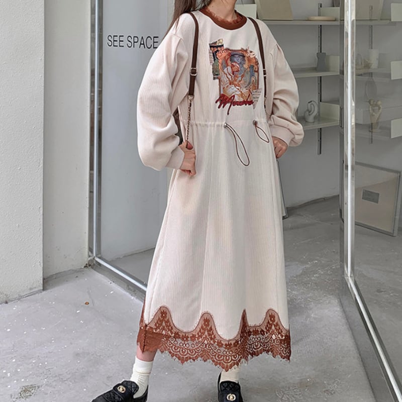 Art-Print Scallop-Lace Hem Drawstring Maxi Dress S0332