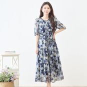 TRUBE ウエストリボンシフォン花柄マキシワンピース【M~L】ネイビー