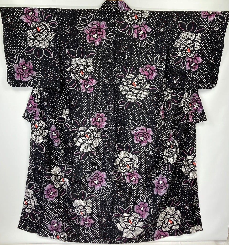 有松絞り【浴衣】トールサイズ 薔薇 綿 総絞り 黒 白 紫 036 | kimono 