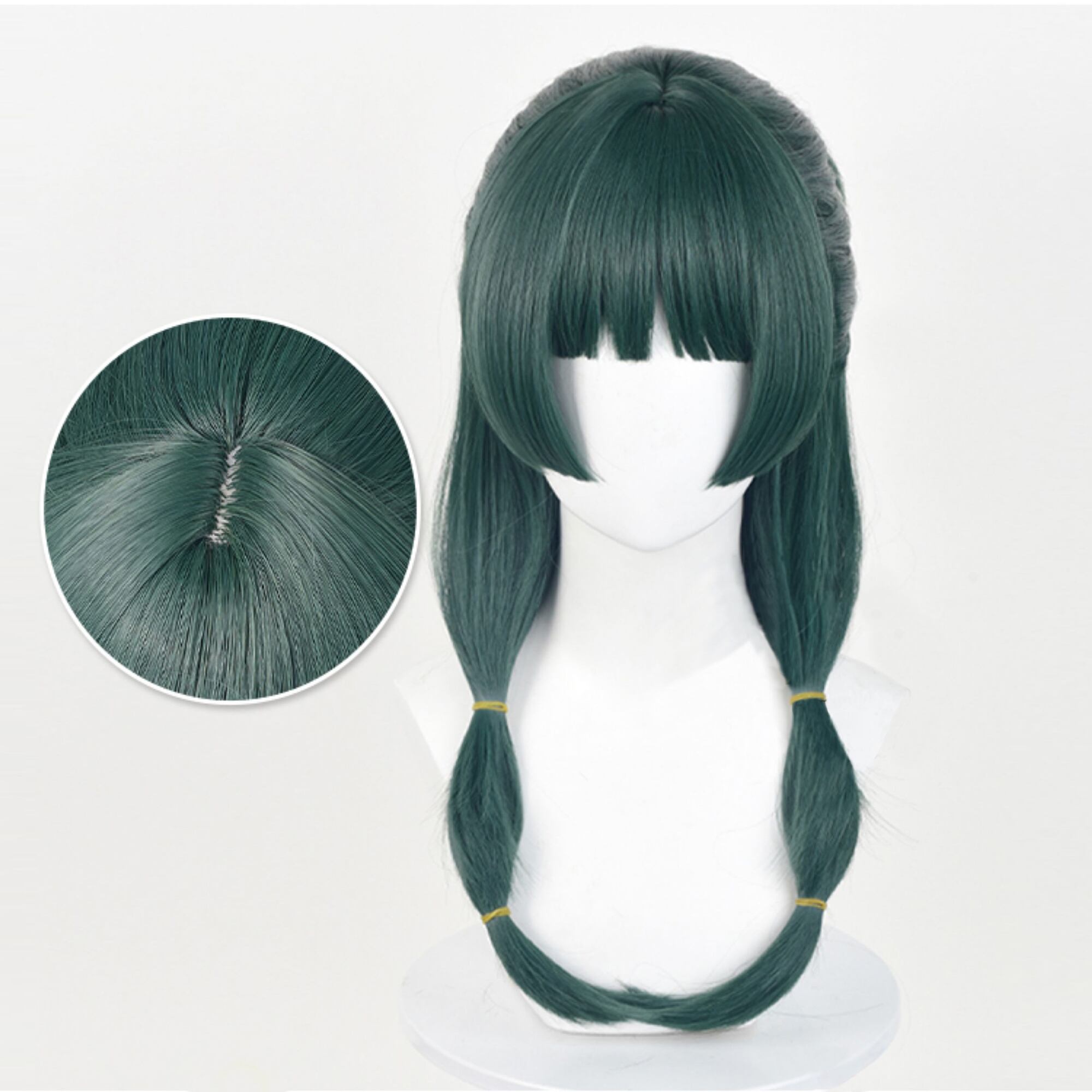 コスプレ耐熱ウィッグ ダークグリーン セミロング 二つ結び お団子