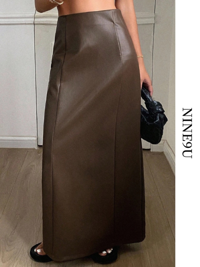 maxi leather a-line skirt【NINE-S0030】