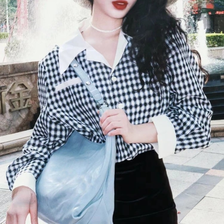 チェック柄 フレンチ風 ロングスリーブシャツ 00614