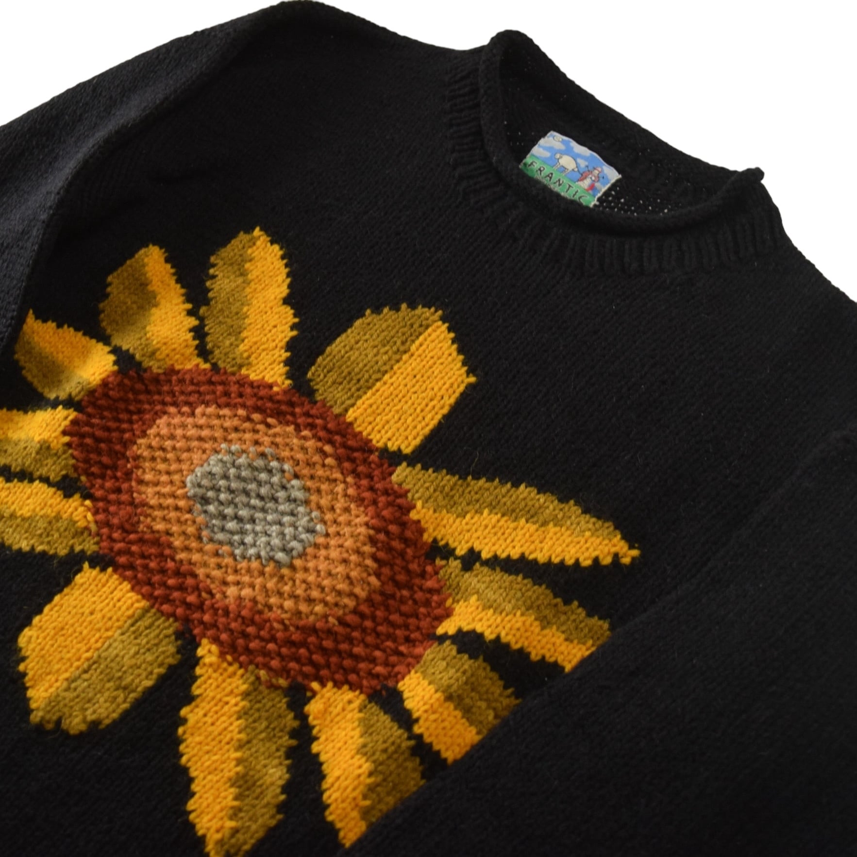 1980's Vintage Mock Neck Sun Flower Ecuador Knit Sweater XL Black / 80年代  ヴィンテージ エクアドルニット サンフラワーニットセーター 両面 ブラック ビンテージ 花柄 モックネック ヒマワリ