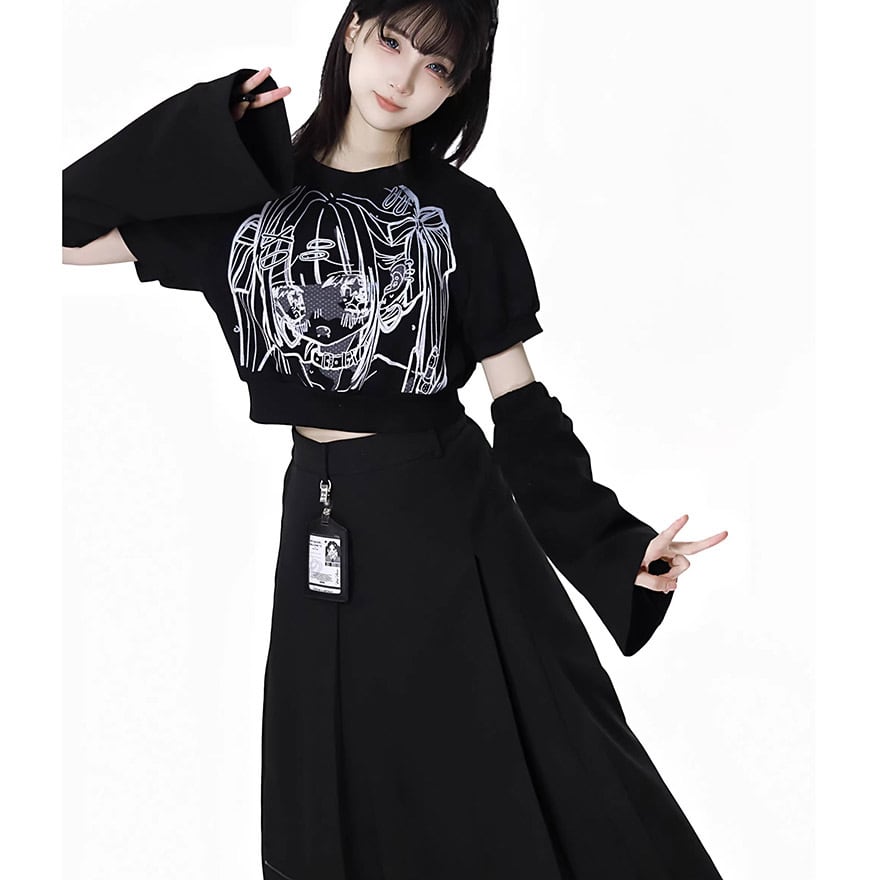 ゴスロリ通販 With U 地雷系 ブラック Tシャツ 継袖 アニメ イラスト ストリートファッション pinksavior