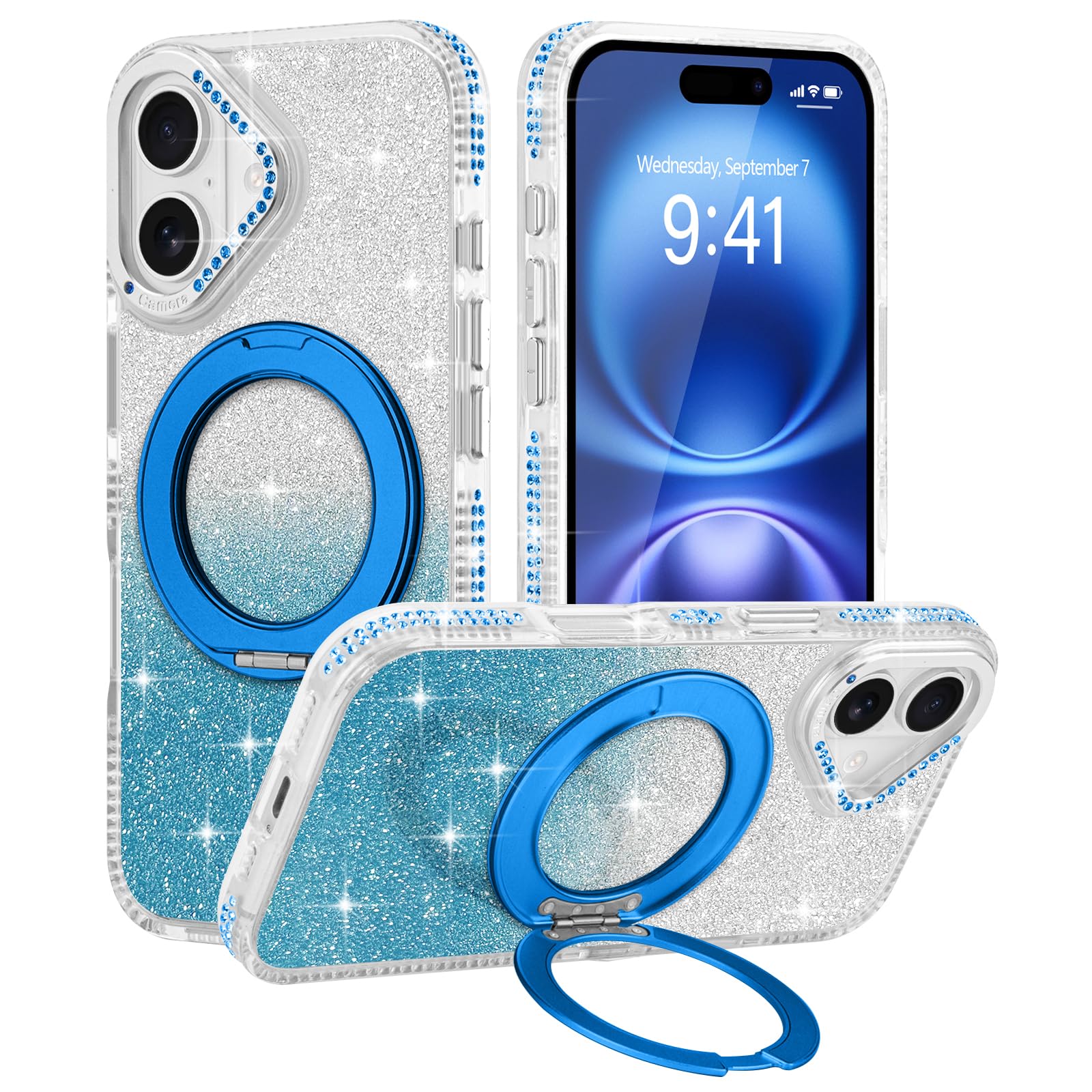 Wirvyuer iPhone 17用 ケース MagSafe対応 360°回転スタンド ワイヤレス充電 耐衝撃 Case(ブルー)