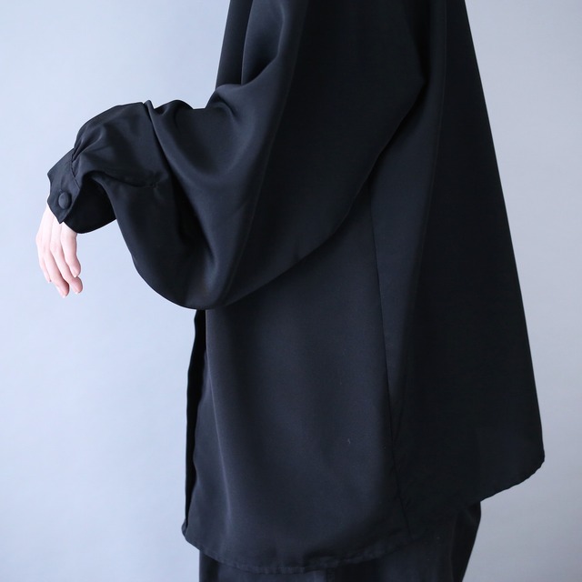 "刺繍" fry-front and pleats design black one-tone mode shirt