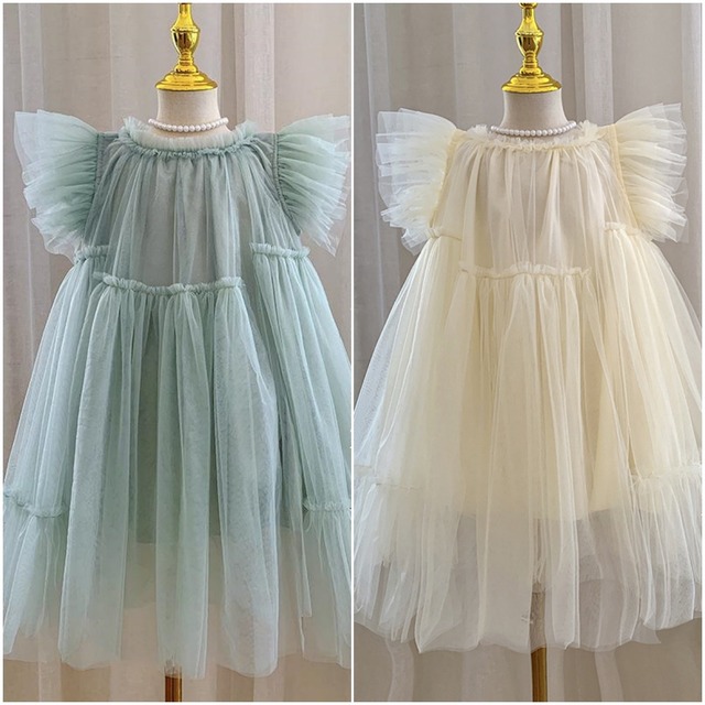 ,キッズ女の子フレンチスリーブチュールワンピース　アイボリー　グリーン　誕生日　発表会　lwk0105