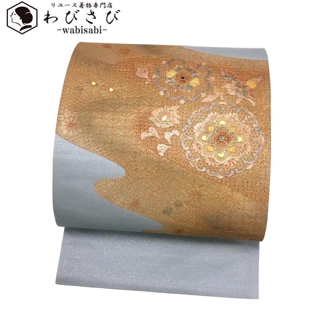 袋帯 美しい華柄模様 鳥 汕頭刺繍 螺鈿 蒼白色 O-1552 袋帯 美しい華柄模様 鳥 汕頭刺繍 螺鈿 蒼白色 O-1552