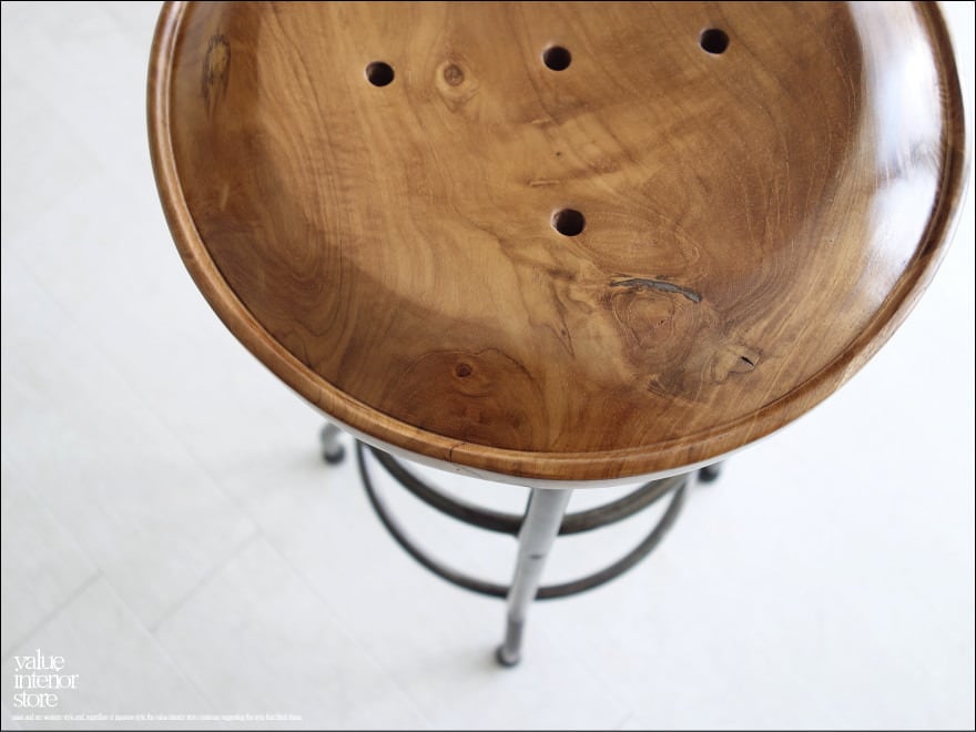 チーク鉄脚バースツール円 イス 椅子 チェア アイアン 木製