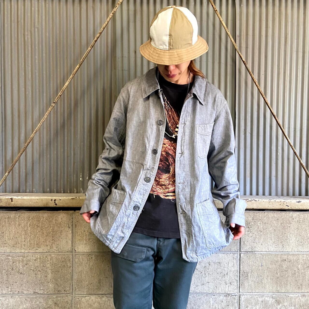 ユーロカバーオール メンズxl相当 古着 ブラックシャンブレー 黒シャン ユーロワークジャケット ワークジャケット Cave 古着屋 公式 古着 通販サイト