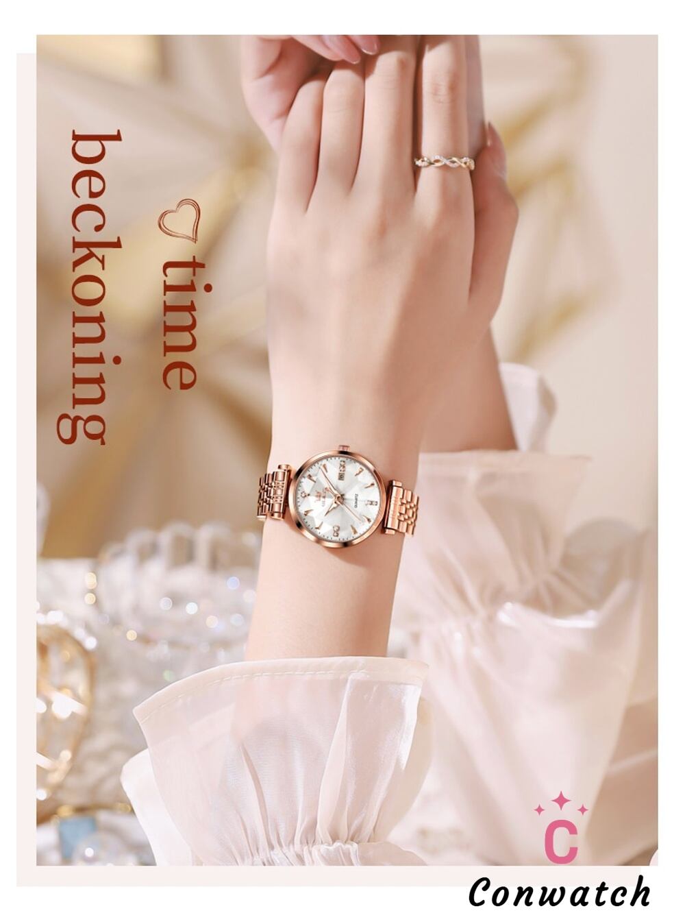 Rose Gold White】女性 ピンクゴールド クォーツ時計 スチール Rose Gold White】女性 ピンクゴールド クォーツ時計 スチール