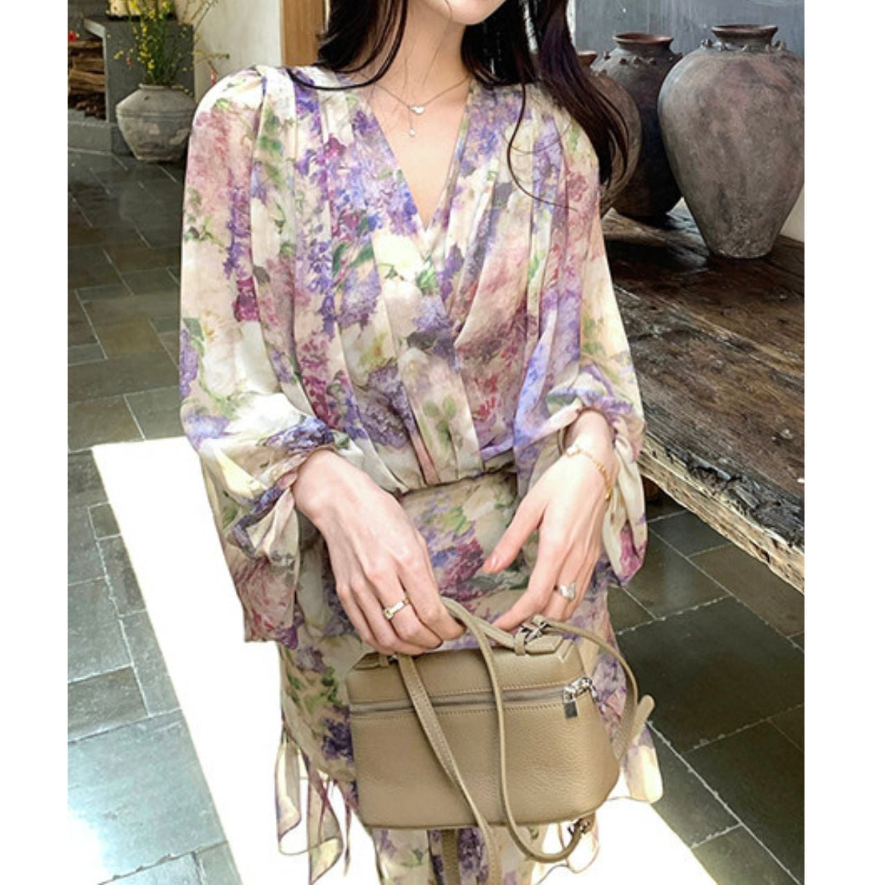 Soft Floral Wrap Sheer Blouse L00913