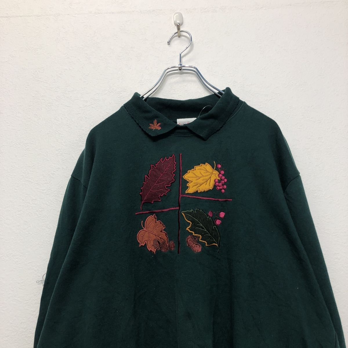 USA製 襟付き刺繍スウェット トリ グリーン 長袖 ビッグサイズ