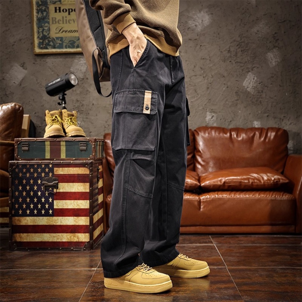 Flap Pocket Cargo Pants with Belt Loops, ◇2color H0825