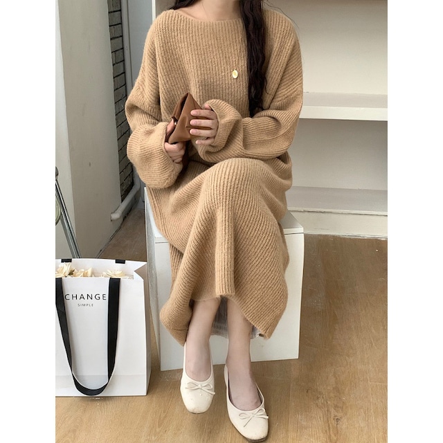 140cm〜　ラウンドネックカフェモカワンピース