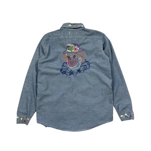 PERMANENT PRESS EMBROIDERED CHAMBRAY SHIRT CLOWN FLOWER SIZE M (USED)