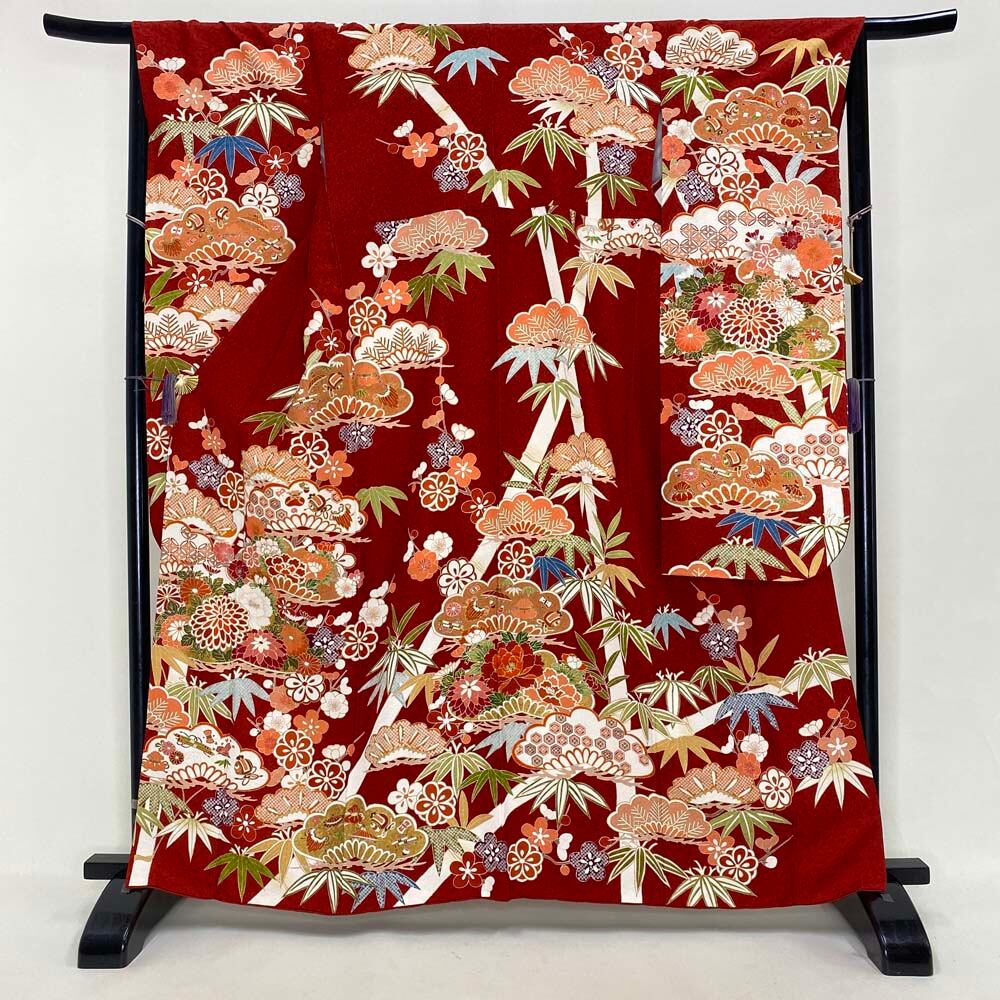 振袖 中古 赤 正絹 古典 裄68cm 身丈163.5cm 美品 L サイズ 成人式 5058