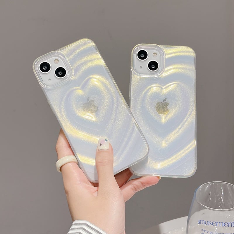 【iPhone17~11まで対応】美しいラメオーロラ◎3Dハートビーム マットクリア 韓国ケース かわいい 立体 ハート スマホケース ND-16543