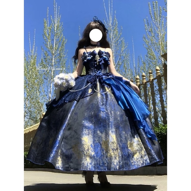 星屑ジャガードパーティドレス（ネイビー／グリーン）ペチコート付き