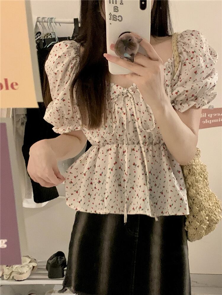 可愛い 花柄プリント パフスリーブ 優しい トップス シャツ ブラウス