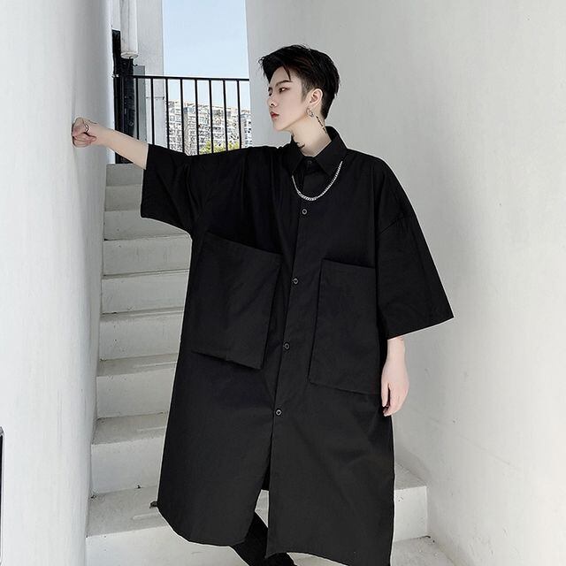 【予約販売】シャツ 半袖 メンズ モノトーン ブラック オーバーシルエット ロング丈 シック こなれ感 お洒落 エレガント 韓国 トレンド 春 秋 M/L/XL