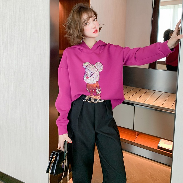 ラインストーンパターンスリーブルーズフードセーター スプリング 春物 MIUCO7549479520