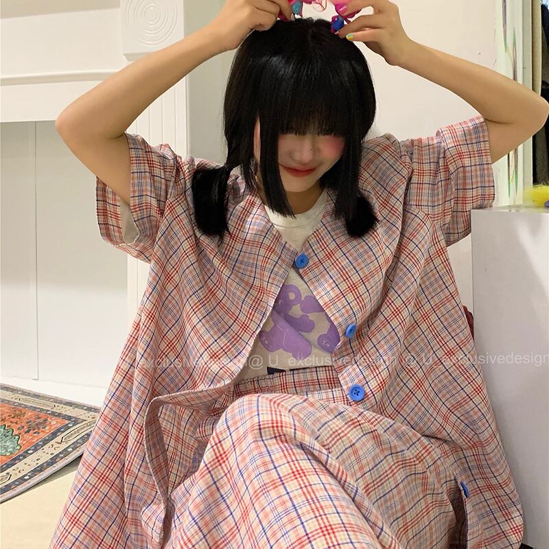 サマー格子柄ボタン半袖スリーブシャツ 薄手ルーズロングスカート セット ショート ハーフスリーブ 夏物 ビッグFスモールZ韓国4423227558
