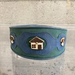 leather belt with mushroom and house motif