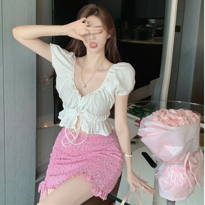 サマースタイルストラップレスショートトップス スカート 大人ガーリー スウィート キュート カジュアル 夏物 ドラファッションホール92533974837