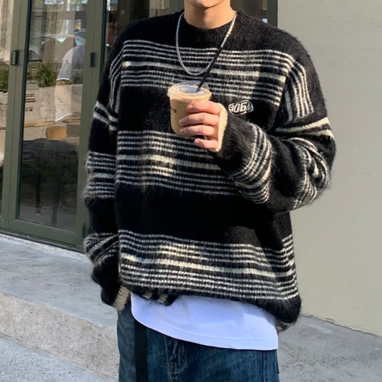 ラウンドネック細ボーダーソフトニット　1080