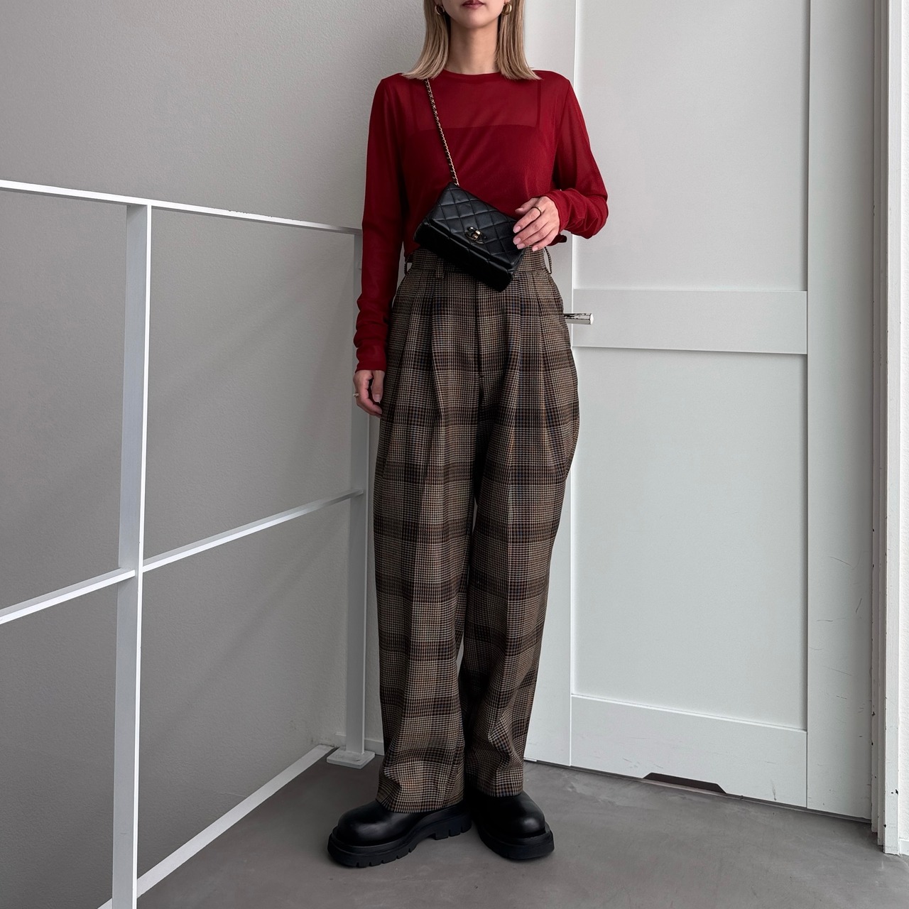 crew neck tulle sheer short tops/red
