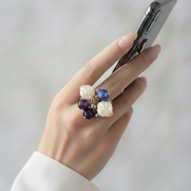 Petite Bouquet Ring（プティ・ブーケリング）｜樹脂ローズ×天然石／大人のフラワーリング・K16GP
