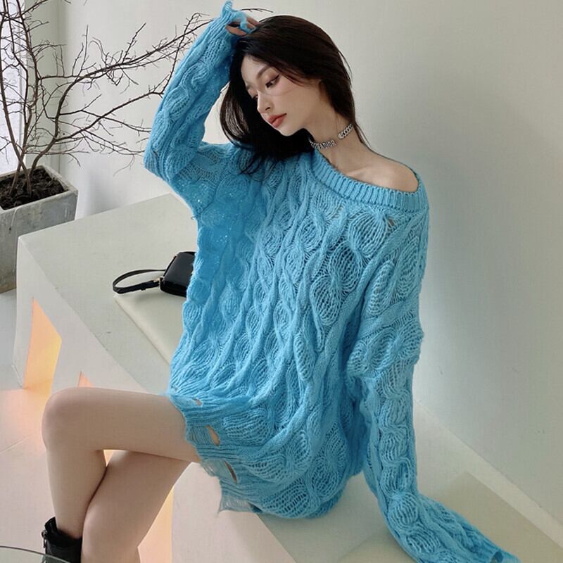 セーター レディースサマーラウンドネックスタンダードルーズブラウス ロング レトロ 夏物 Oネック ガールズファッション77772841781