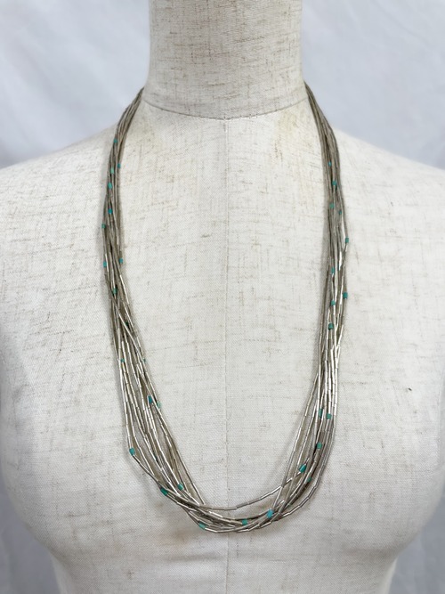 Vintage Southwestern 10 Strand Sterling Liquid Silver & Turquoise Long Necklace
