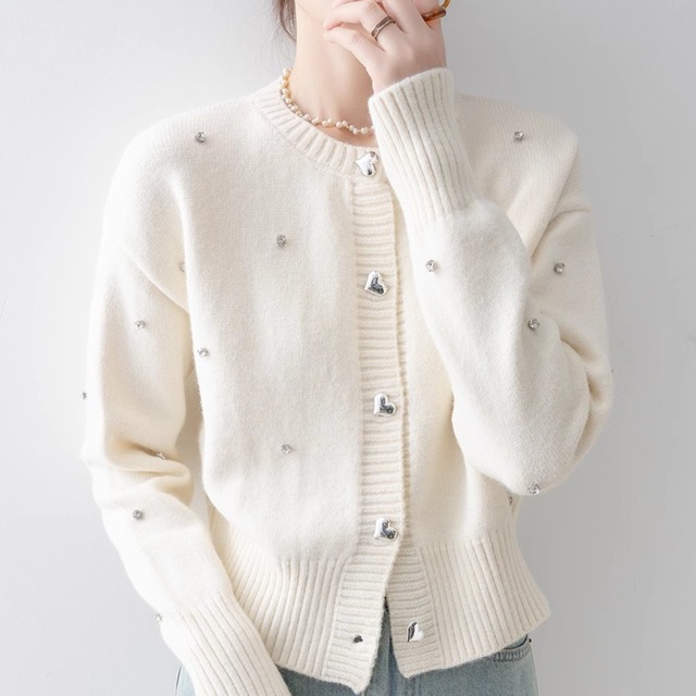 ハートボタン ビジュー カーディガン ホワイト 250301